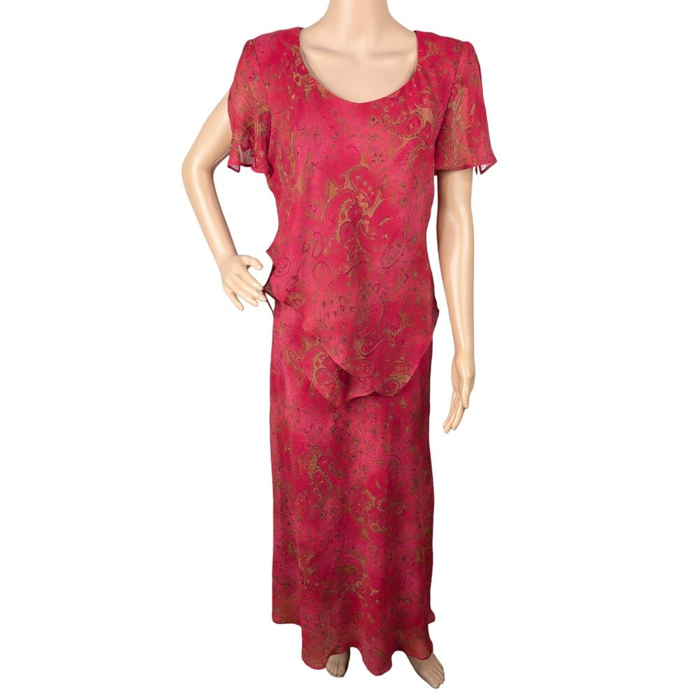 Vintage 90s Coldwater Creek Paisley Crinkle Chiffon Bias Cut Maxi Dress Size 10
